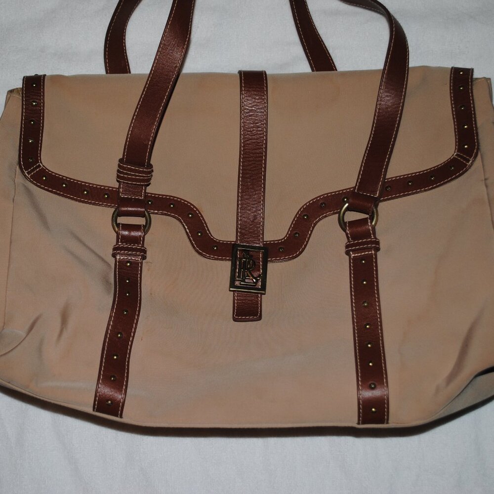 RALPH LAUREN LG TAN NYLON BAG W/LEATHER STRAPS
